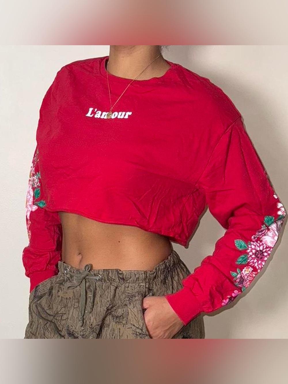H&M Red Cropped Long-Sleeve Top with Floral Sleeve Embroidery